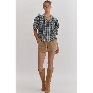 entro Sz. M Preppy Academia Green Plaid Blouse
